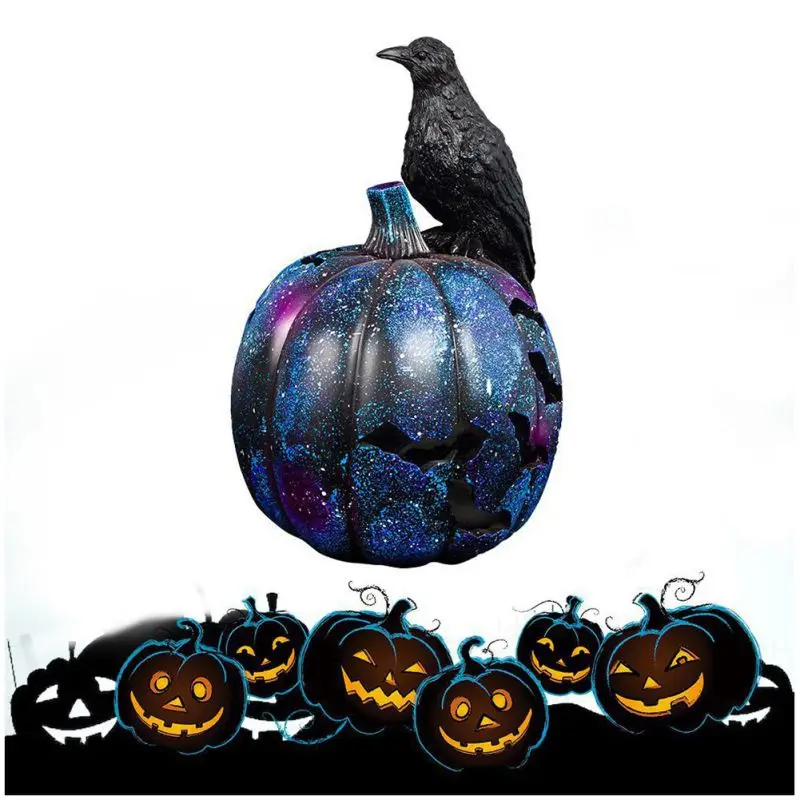

Hot Resin Led lights Pumpkin Lantern With Crow Halloween Atmosphere Decorations Home Desktop Ornament Party Bar Decorative Props