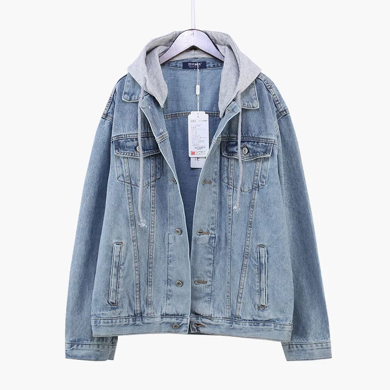 

Spring Women Light Blue Denim Jacket Hooded Autumn Long Sleeve Femme Loose Vintage Fake Two Jeans Coat Ladies Clothes G961