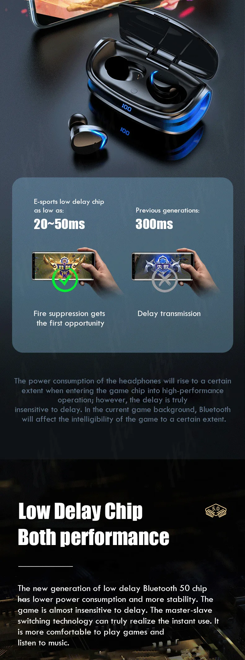 sem fio fone com microfones led power display earbud