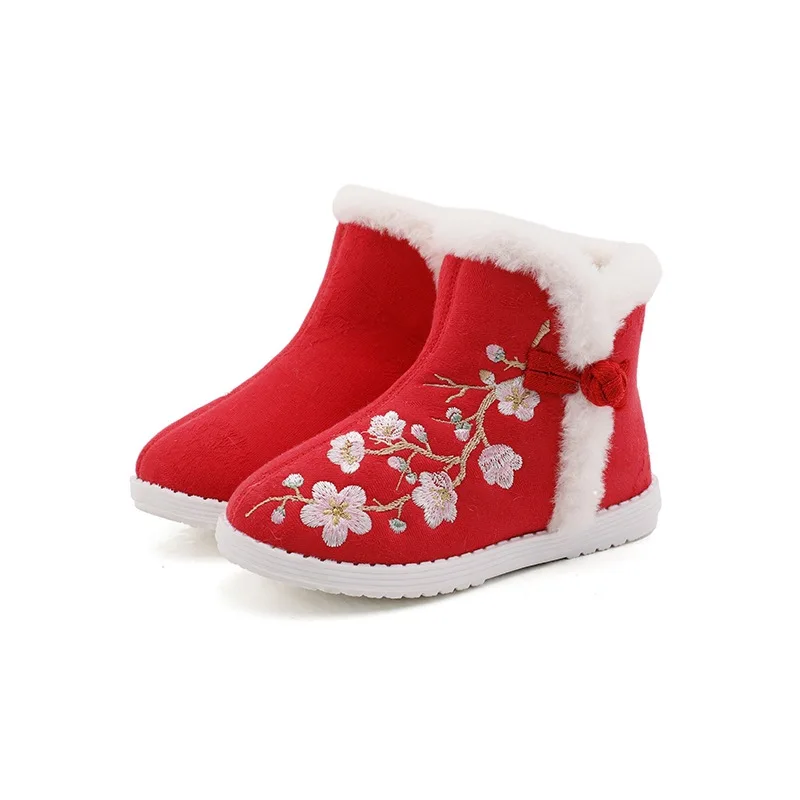 Winter Girls Boots Chinese Style Hand-embroidered Floral Cotton Shoes Children Warm Plush Snow Boots Winter Shoes Kids Boots Red