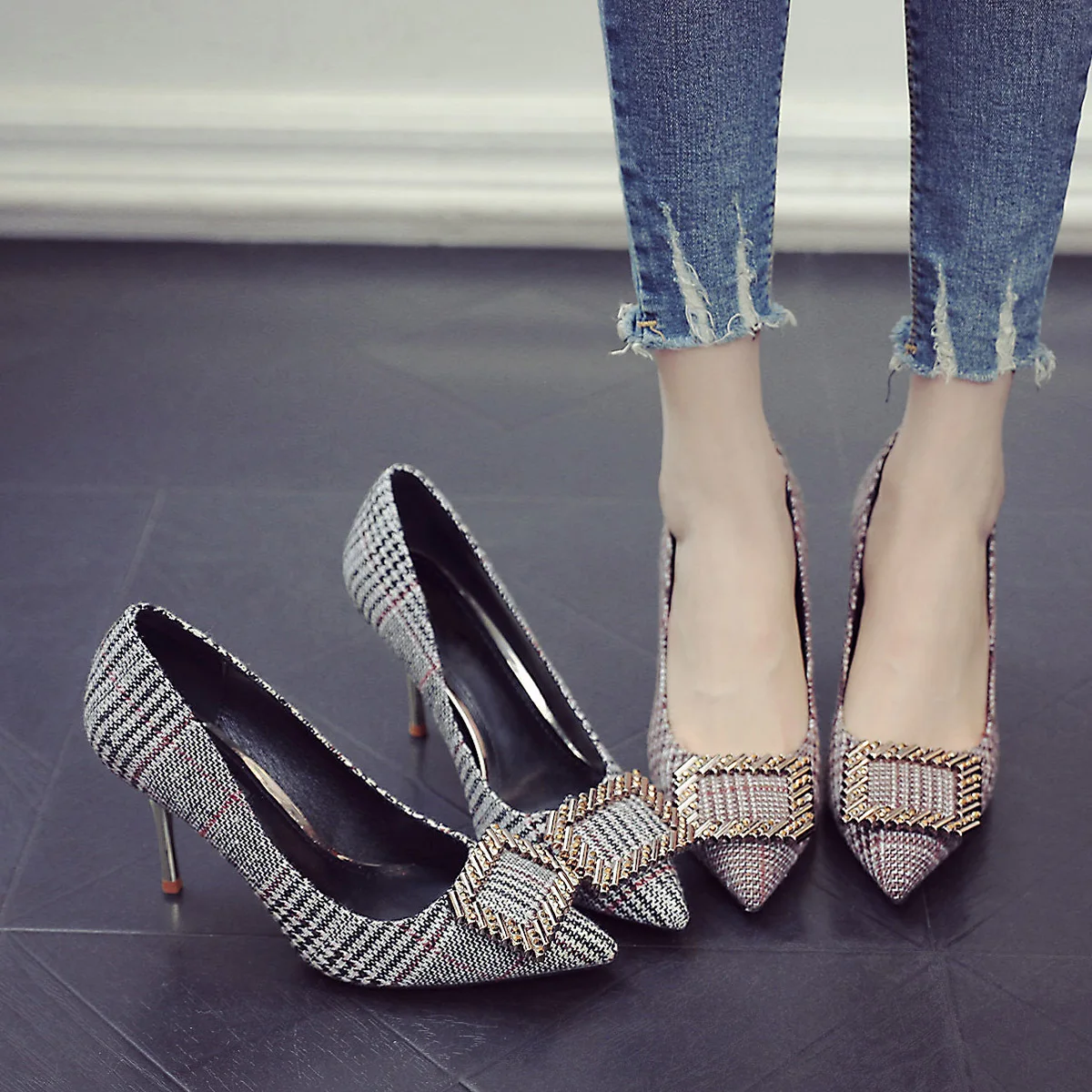

Rhinestone Square Buckle High-heeled Shoes Fine With Woman Single Shoe Women's Shoes