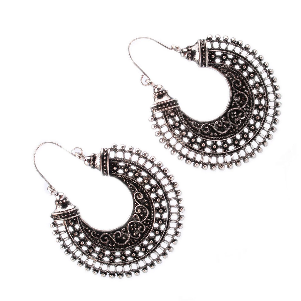 Vintage Style Gorgeous Boho Silver Hoop Dangle Earrings Tribal Jewelry