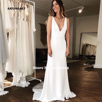 

2020 Simple Illusion Mermaid Wedding Dress Deep V-Neck Lace Robe Maria Backless Court Train Vestido De Noiva Bridal Gowns Online