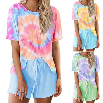 

Women Summer Tie Dye Sleepwear Casual Lady Short Sleeve Tops and Bandage Shorts Lounge Wear Female Pajamas