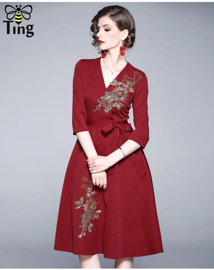 Tingfly Vintagel элегантное женское офисное платье с вышивкой и аппликацией, платье трапециевидной формы с v-образным вырезом, повседневные платья до колен, Vestidos 2XL