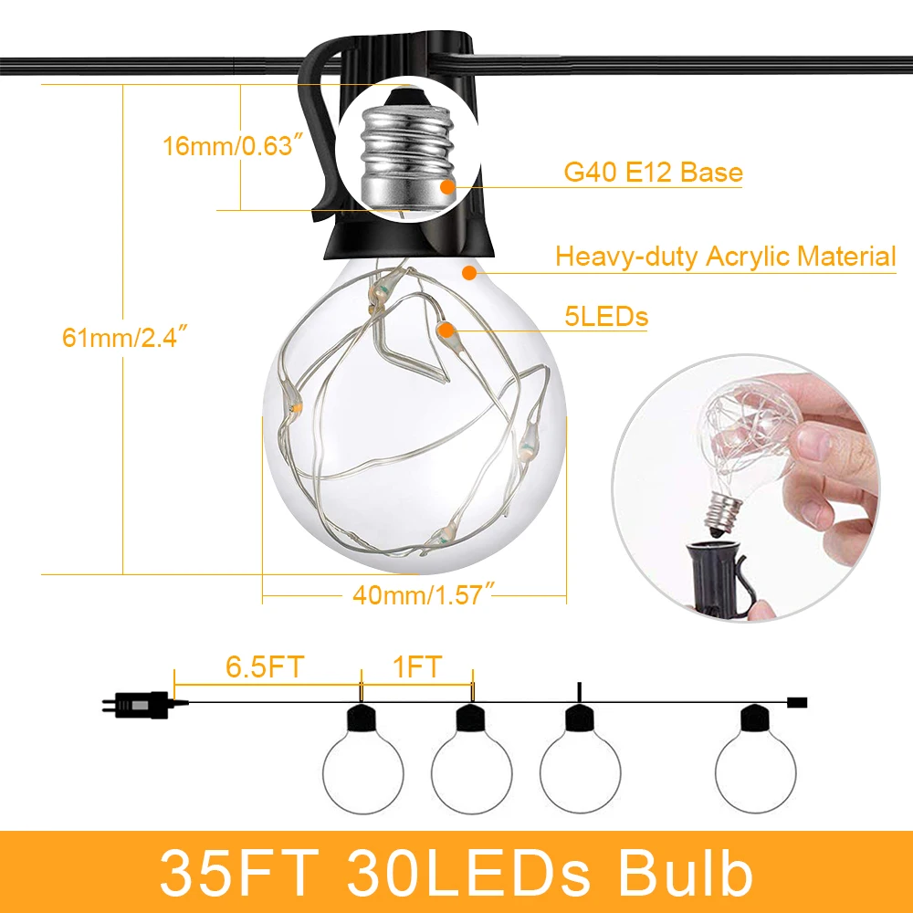  10M G40 globe string lights bulbs Outdoor Waterproof Patio Lights Copper Wire LED Holiday Lights Ba - 32959388123