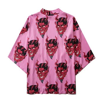 

Harajuku Devil Print Kimono Cardigan Shirts Mens Open Stitch Coats Streetwear Hip Hop Summer Casual Japanese Kimono Jackets Men