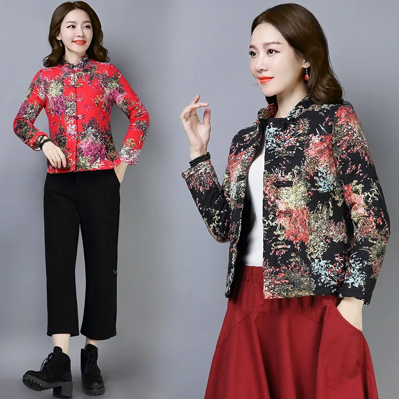 

Autumn And Winter New Style Large Size National Wind WOMEN'S Wadded Jacket Small Cotton-Padded Jacket Short Cotton Linen Printed
