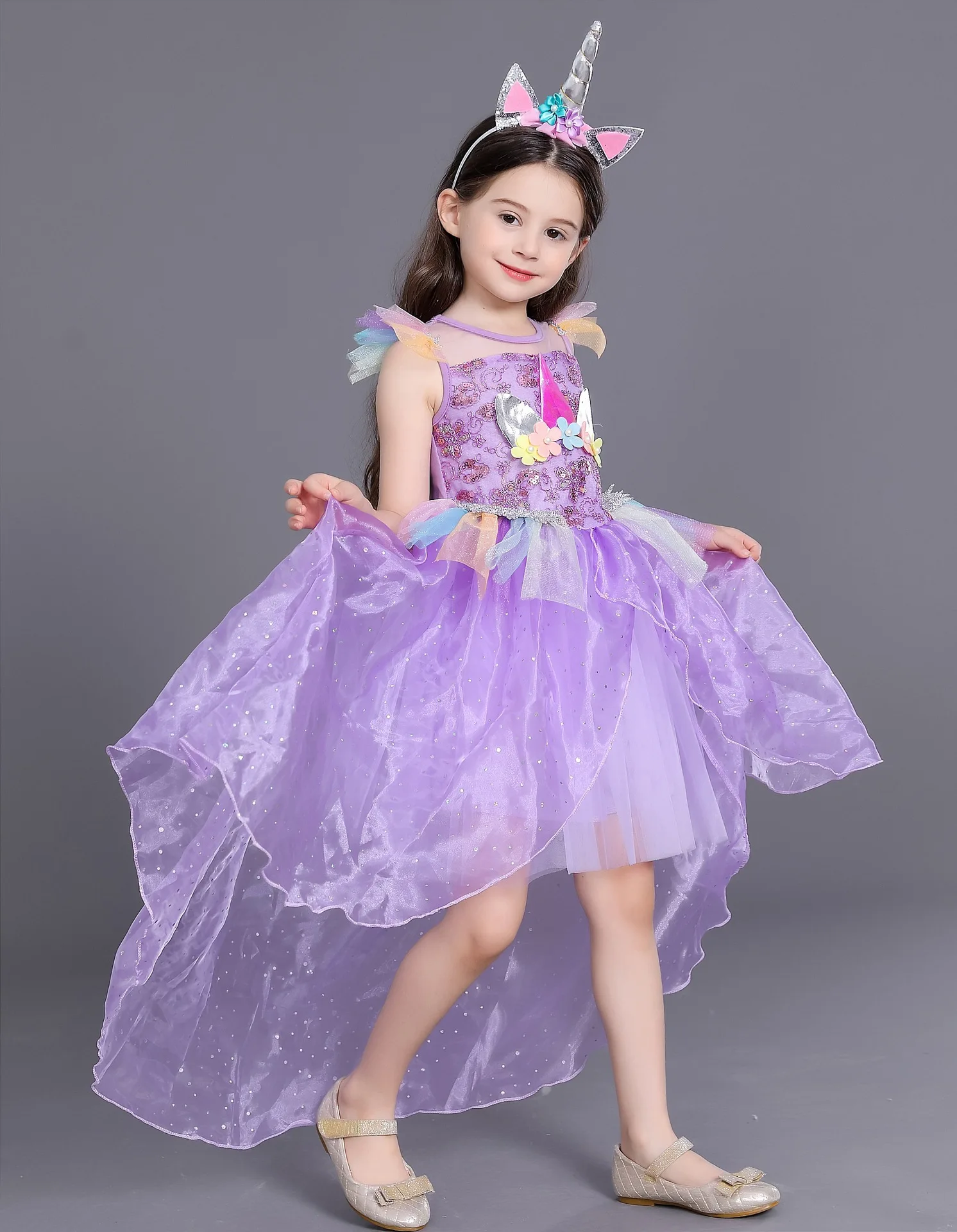 Комплект с платьем с единорогом из 2 предметов для девочек, платье принцессы для дня рождения, рождественское праздничное платье, одежда для детей 2, 4, 6, 8, 10 лет - Цвет: Purple