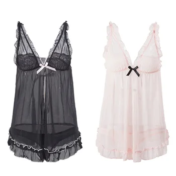 

Temperament and interest clothing See-through gauze sexy pajama tulle back lace sexy lingerie set nightdress