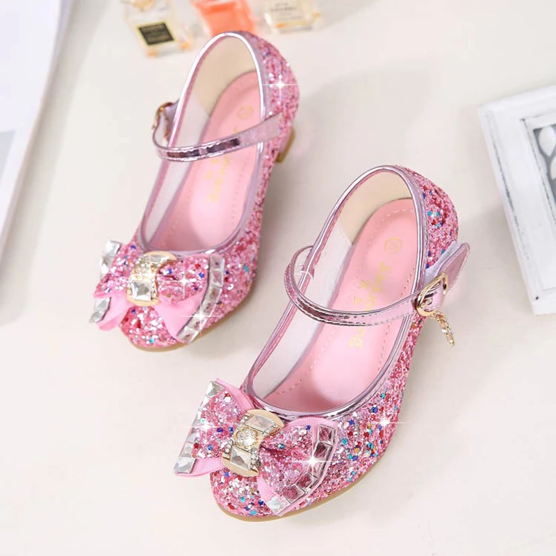 leather girl in boots Princess Kids Leather Shoes for Girls Flower Casual Glitter Children High Heel Girls Shoes Butterfly Knot Blue Pink Silver extra wide children's shoes