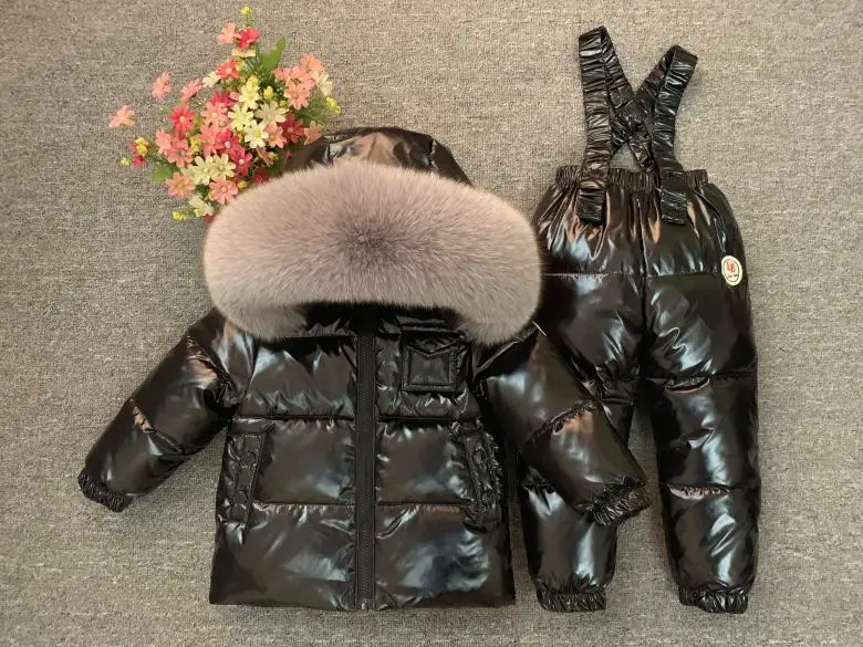 Детский ветрозащитный Теплый зимний комплект, теплая парка, пальто с капюшоном+ штаны, лыжный комбинезон, русский темно-синий зимний костюм, утепленные комплекты одежды - Цвет: black shiny gray fur