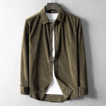 

Men Autumn Winter Corduroy Long Sleeve Solid Color Japan Minimalism Style Turn Down Collar Slim Fit Male Classical Casual Shirt