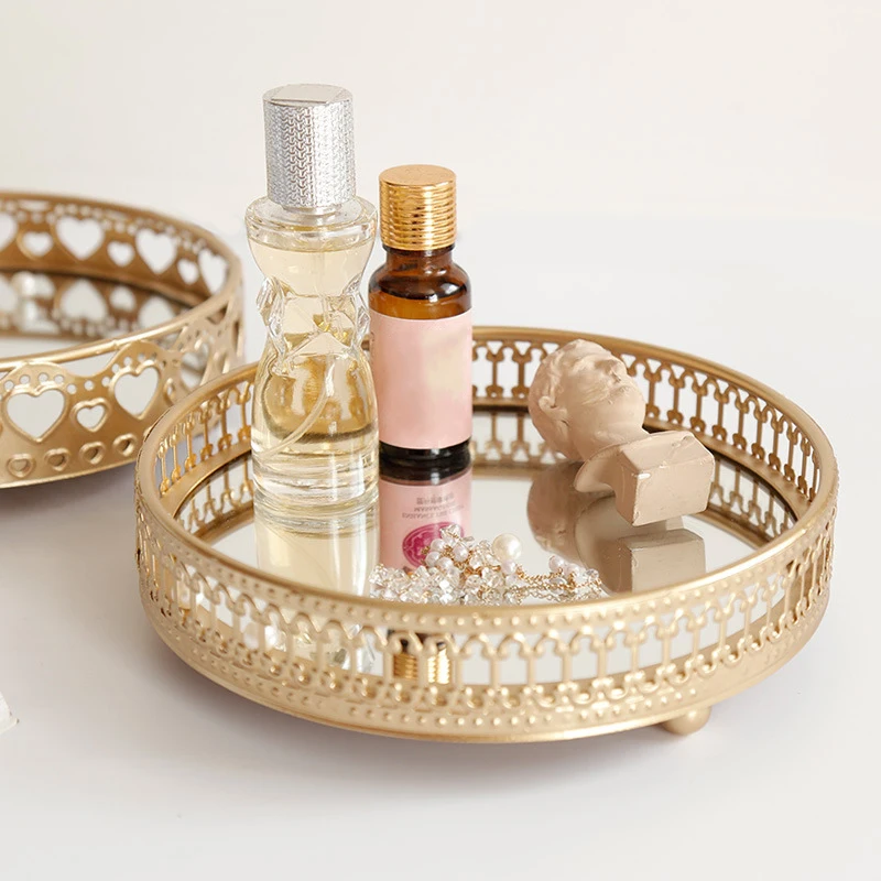Vintage European Glass Metal Storage Tray Gold Oval Dotted Fruit Plate Desktop Small Items Jewelry Display Base Mirror | Дом и сад