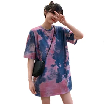 

2020 Summer Women Tie Dye T-shirt Short Sleeve Oversized Long Tshirt Harajuku Fashion Streetwear Bestie Matching Tee Shirt Tops
