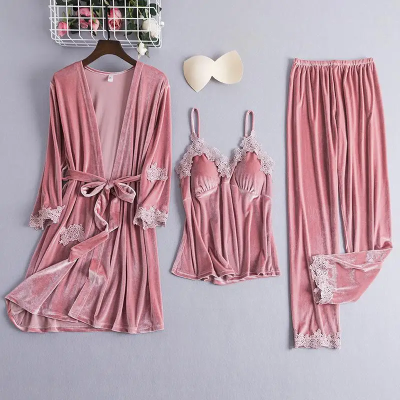 Pink 1 Кружевное лоскутное женское велюровое 3 шт. Пижамный костюм ночное белье мягкое кимоно халат серый свободный халат платье Повседневная одежда для сна домашняя одежда - Цвет: Pink 1
