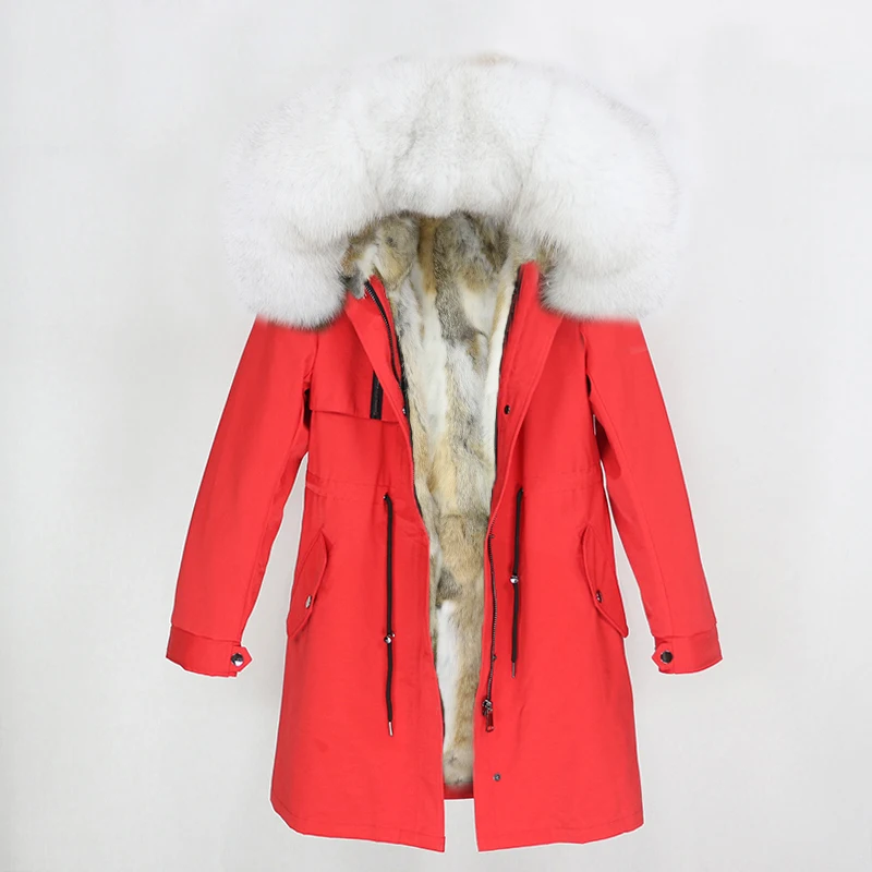 red white OFTBUY натуральный Лисий мех воротник парка с капюшоном зимняя куртка женская натуральный кроличий мех внутри Толстая теплая верхняя одежда Уличная Роскошная - Цвет: red white