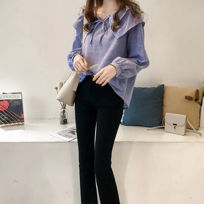 Blouse Women Top Stripe Shirt Korean Clothes Printing Long Sleeve V-Neck Loose Blouse Blusas Mujer De Moda New Arrival