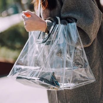

PVC Transparent Bag Leisure Handbags Tote Ladies Shoulder Pack Bag Portable Bags For Women's Clear Bags summer beach bag