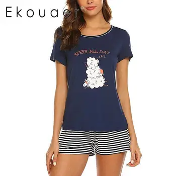 

Ekouaer Summer Sleepwear Short Pajama Sets New Women O-Neck Short Sleeve Prints Tops Shorts Pajamas Set Fashion Homewear