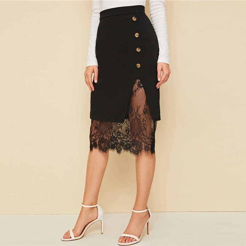 Sheinside черная элегантная кружевная юбка-карандаш с ресницами для женщин Осенняя юбка с разрезом спереди на пуговицах Офисная Женская юбка миди