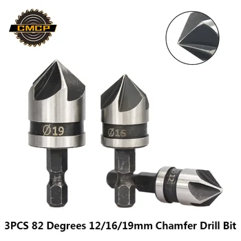 

3PCS 82 Degrees 5 Flutes Chamfering Cutter HSS 12mm 16mm 19mm Hex Shank Countersink Drill Bit Set Wood Chamfer Drill Bit