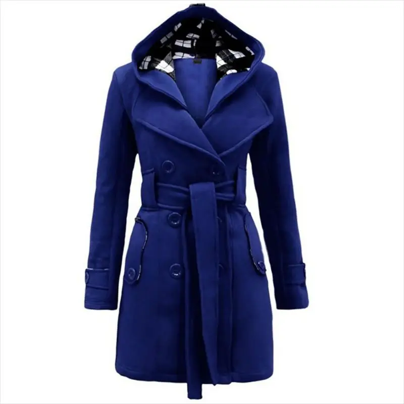 Женское осенне-зимнее длинное пальто клетчатое тонкое с капюшоном двубортное длинное пальто с поясом большого размера