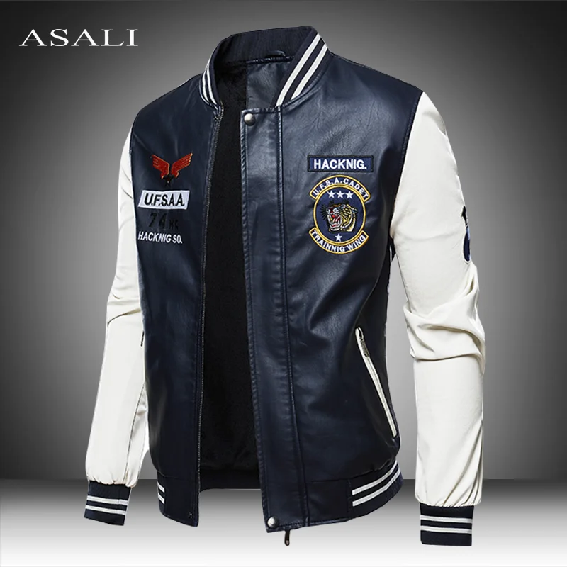 2020 Leather Jacket Men Bomber Baseball Biker Pu Coat Faux Pilot Fleece College Top Black Slim Fit Motorcycle | Мужская одежда
