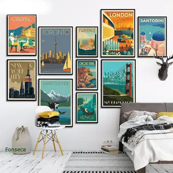 

Famous City Travel Poster Cartoon London New York Venice Landscape Canvas Painting Wall Art Pictures For Living Room Decor