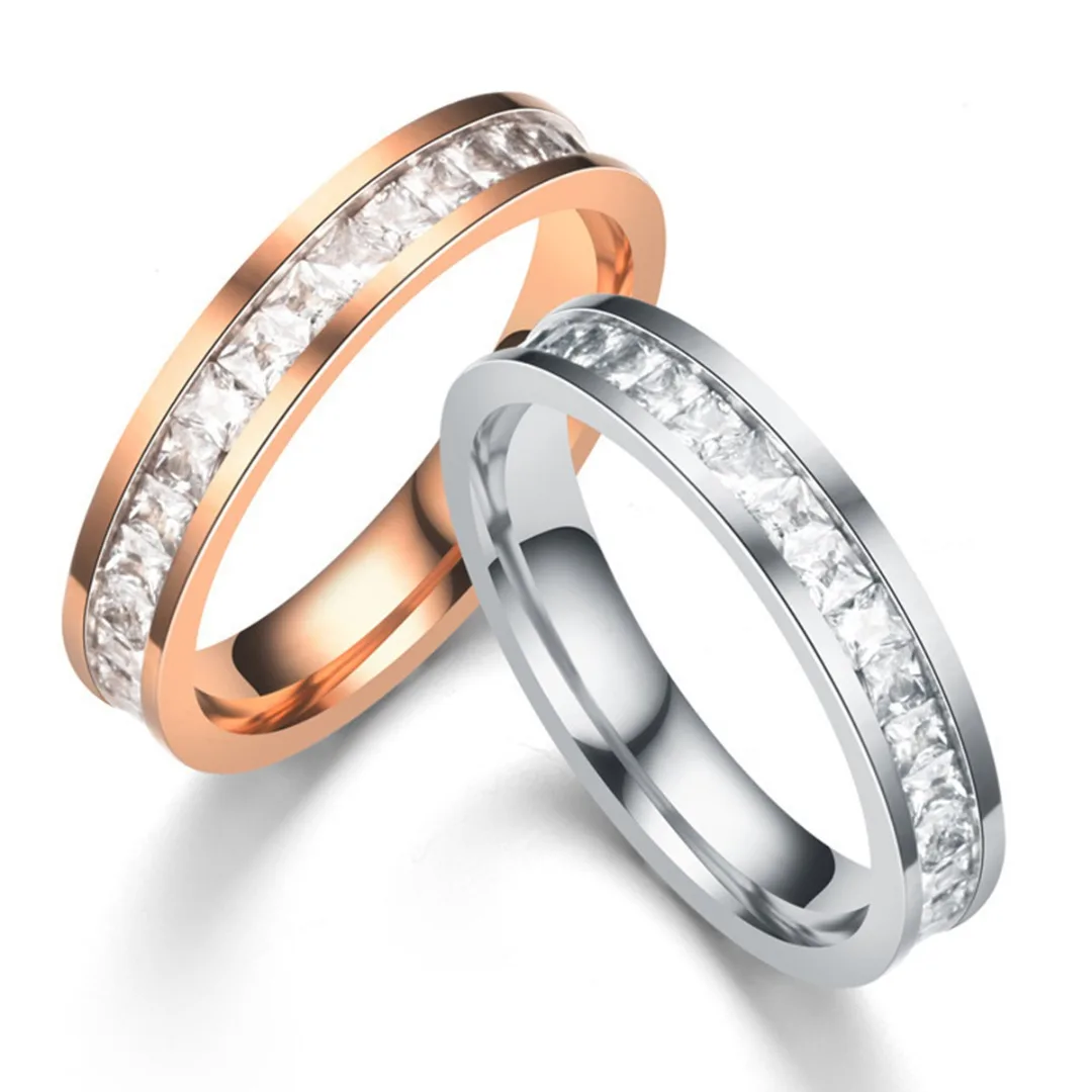 Chic Romantic Square Zircon Rose Gold Ring For Women Classic Charm Double Row Zircon Men Wedding Ring Silver Finger Jewelry