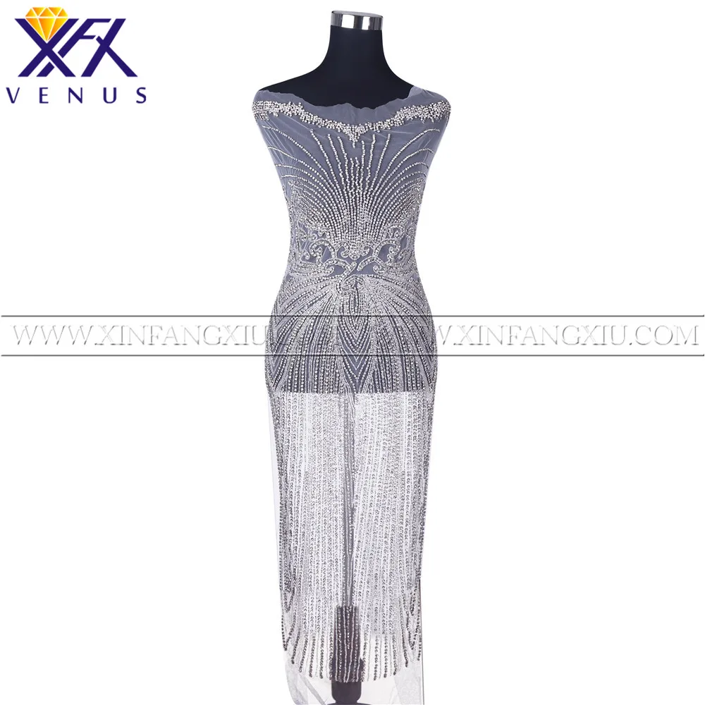 

XFX VENUS 1 Piece Silver Long beaded Wedding applique crystal beaded rhinestones applique Long patches for wedding beads bodice