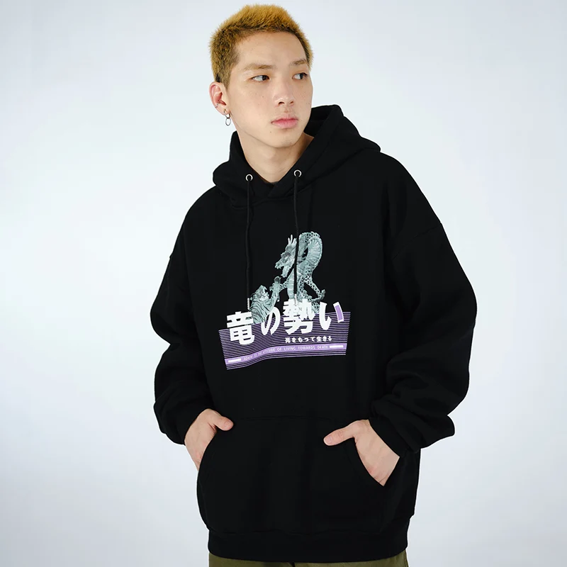 Для мужчин в стиле «хип-хоп» свитер с капюшоном иероглифы обувь в японском стиле Харадзюку уличная Дракон Тигр пуловер с капюшоном флис зима-осень хлопок Повседневное