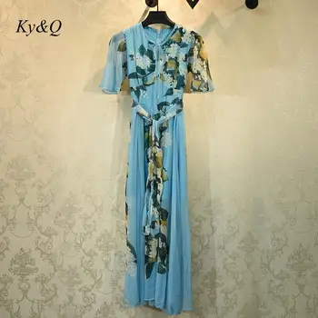 

High Quality Boho Chiffion Elegant Luxury Holiday Beach Dress 2020 Summer Women New Print Ruffles Short Sleeve Blue Dress