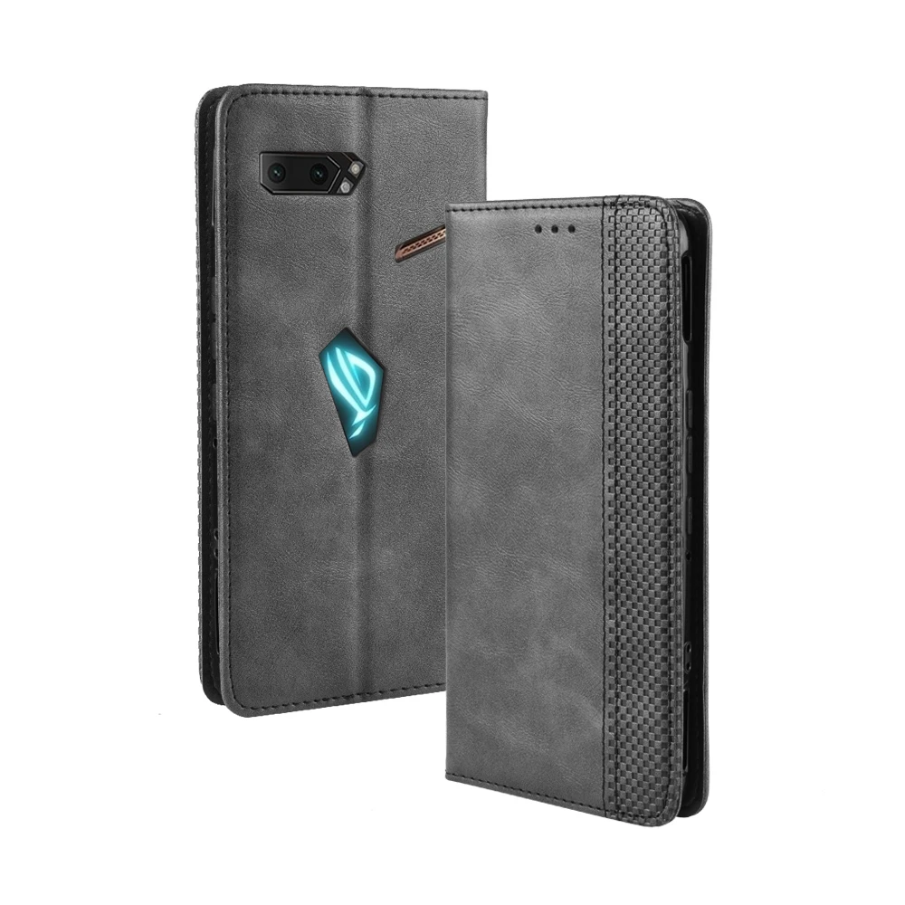 Чехол-Бумажник для телефона Asus ROG 2 в винтажном стиле из искусственной кожи с магнитной откидной крышкой-подставкой с отделениями для карт, ударопрочный чехол - Цвет: Черный