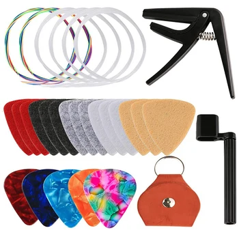 

Ukulele Accessory Kit with Ukulele Felt Picks Celluloid Picks Leather Picks Holder Multicoloured Strings and White Nylon Strings