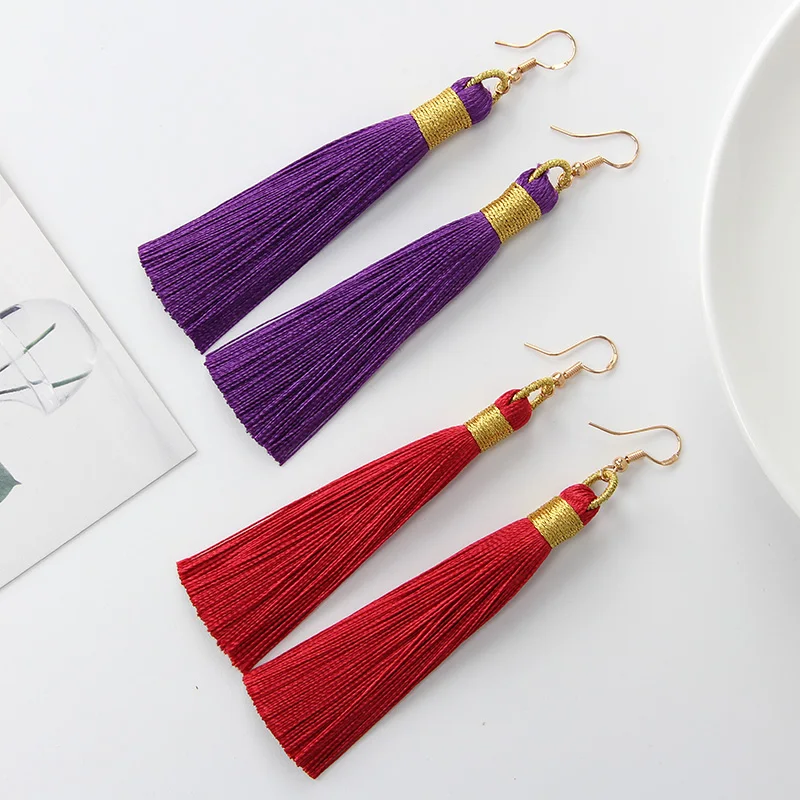 

Bohemian tassel long earrings female pendant earrings red cotton silk fabric tassel earrings 2019 fashion ladies jewelry