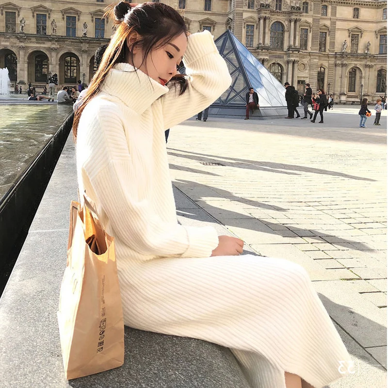 Tanie Koreański sweter sukienka kobiety dzianinowe swetry sukienki damskie Over knee sweter sukienka Plus rozmiar Split swetry z golfem sukienki OL sukienka damska sukienki na wesele damskie sukienki sukienki damskie elegant