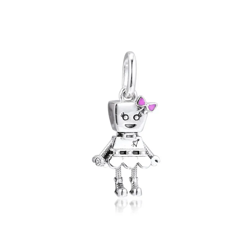 

Pink Enamel Bow Girl Robot Floating Charms for Bracelets Women 925 Sterling Silver Pendant Charms for Jewelry Making 2019 New
