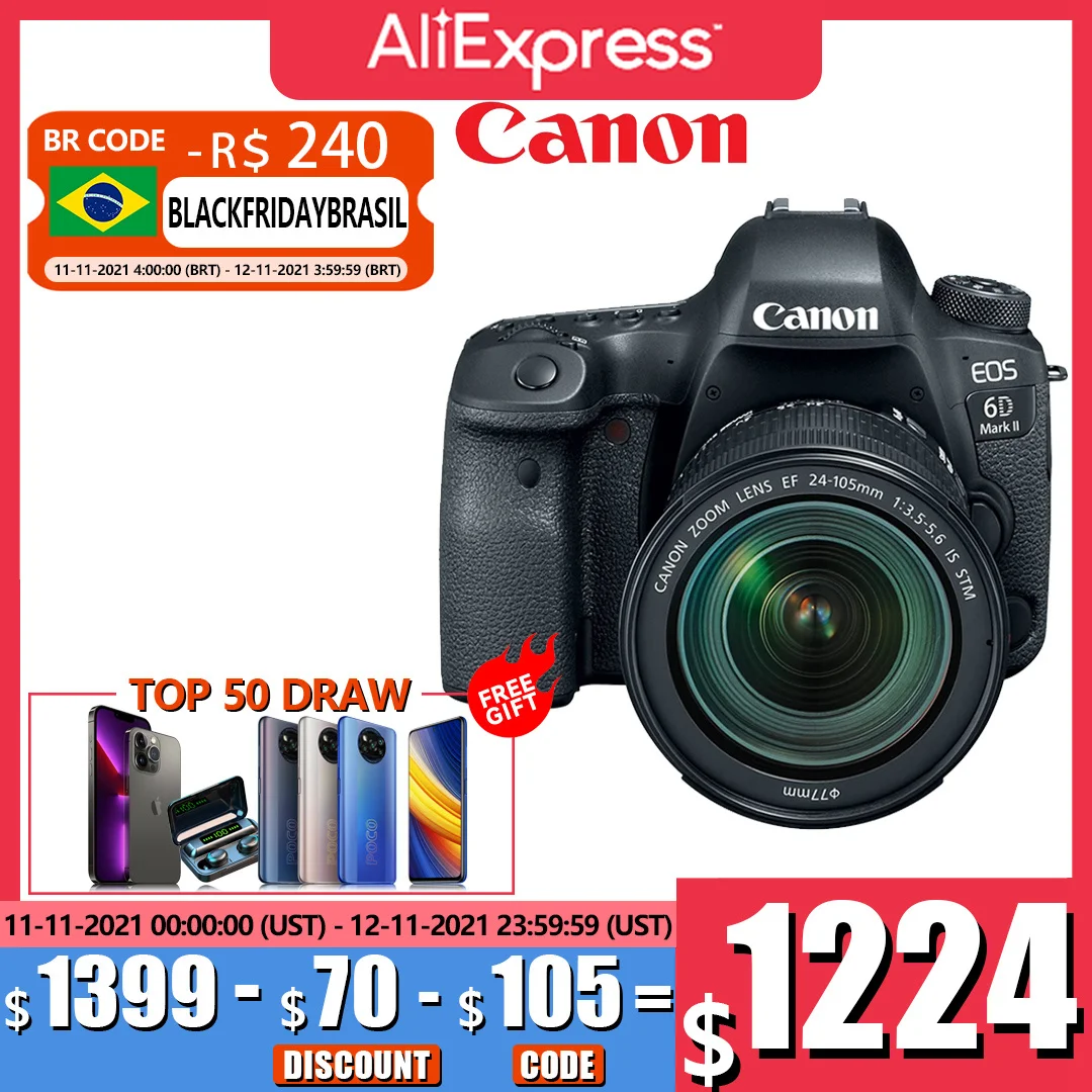 Цифровая камера Canon EOS 6D Mark II DSLR профессиональная фотокамера с объективом EF 24-105 мм