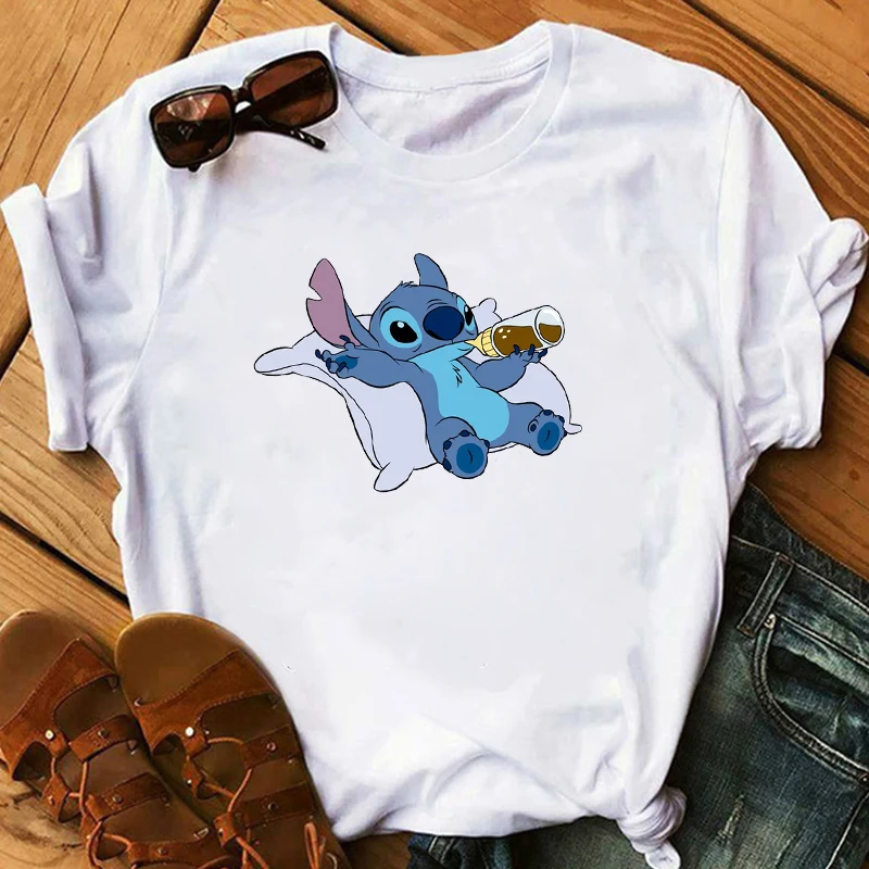 

Graphic Women Cartoon Drink Cute T-Shirt Lilo Stitch Tshirts Female Print Fashion T Shirt Casual Tops Camisas Mujer T-shirt