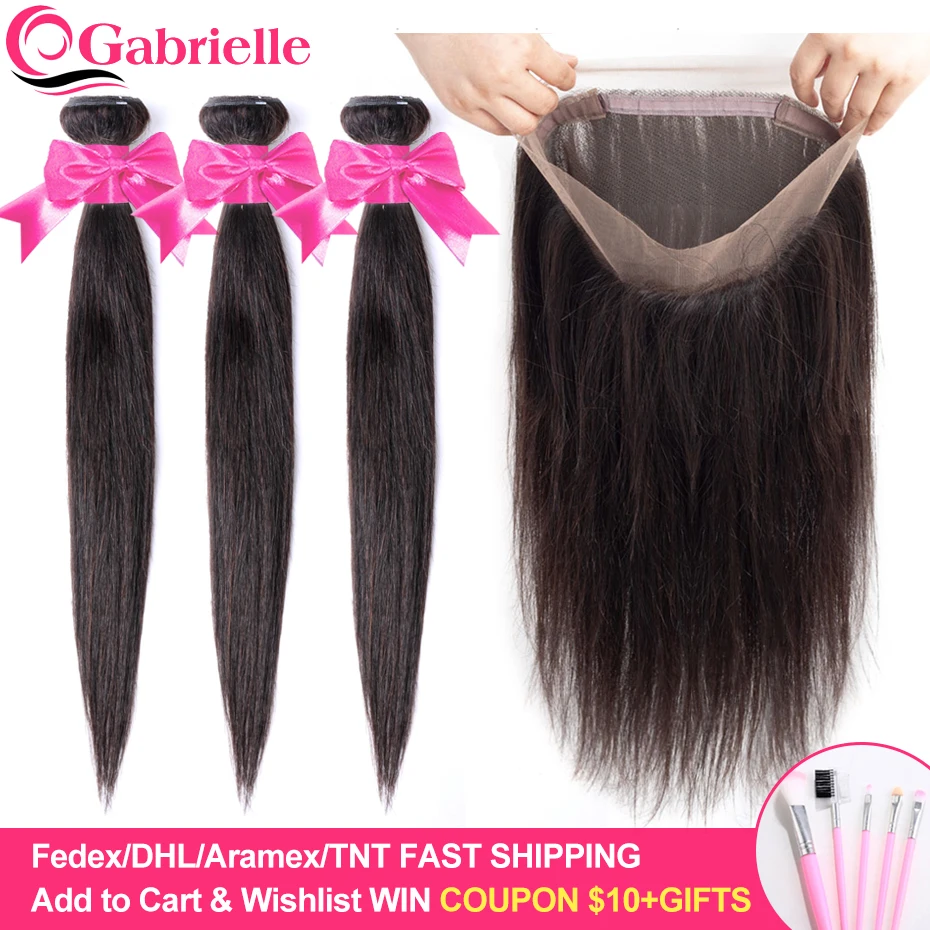 

Gabrielle Brazilian Straight Hair Bundles with 360 Lace Frontal Natural Color Remy Human Hair Weave Bundles with Closure