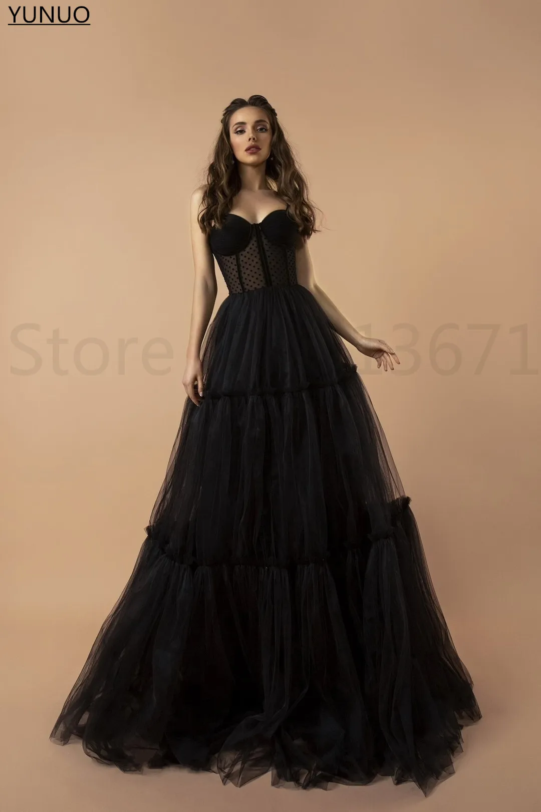 plus size evening dresses YUNUO Black Dotted Tulle Maxi Evening Prom Dress A Line Sleeveless Corset vestidos de fiesta Women Party Gowns فساتين السهرة dinner dresses for ladies