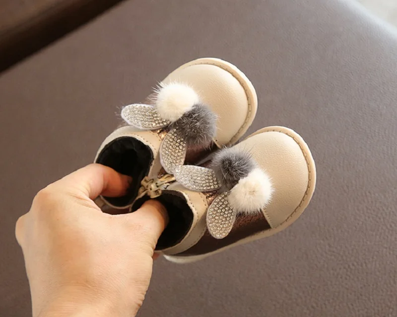 Kawaii/обувь принцессы с кроликом; кожаная обувь для маленьких девочек; теплая плюшевая зимняя обувь на резиновой подошве; детская прогулочная обувь
