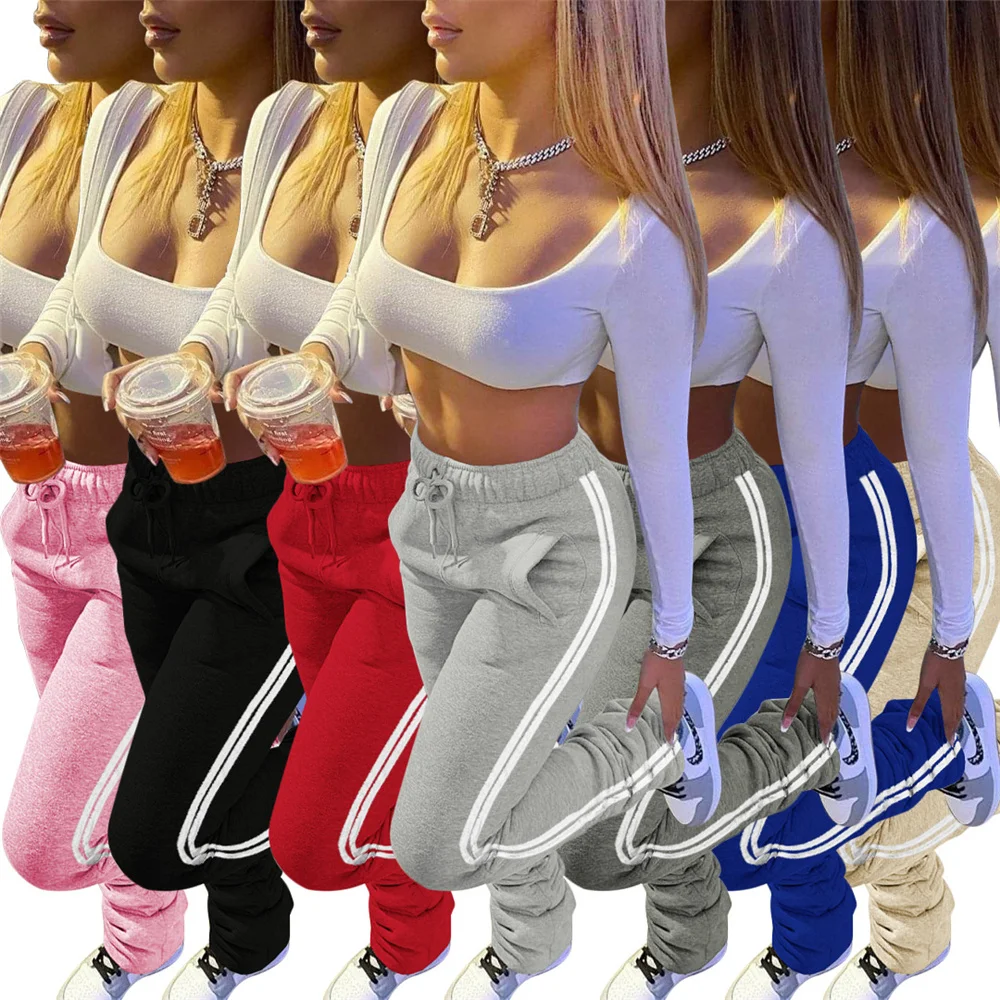 

Womens Stacked Sweatpants Striped Drawstring High Waist Long Womens Pencil Pants Casual Femme Trousers
