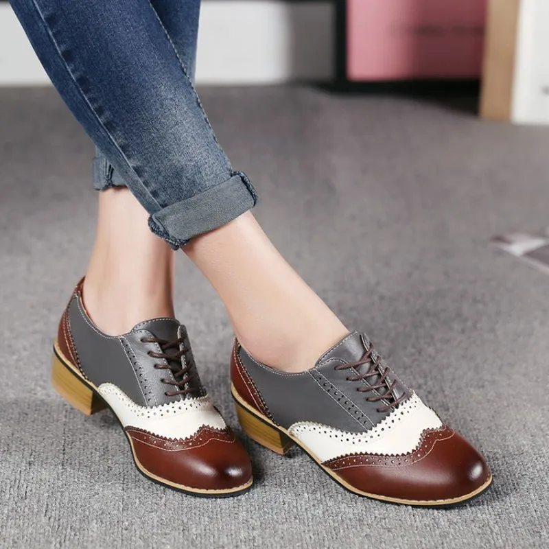 Womens Block Mid Heels Oxfords Retro Brogues Wing Tip Lace Up Shoes#preppy style 