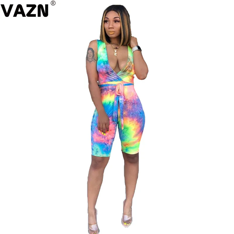 VAZN GCY11164 special prduct летний сексуальный женский красочный комбинезон с глубоким v-образным вырезом с короткими рукавами и поясом, комбинезон без рукавов