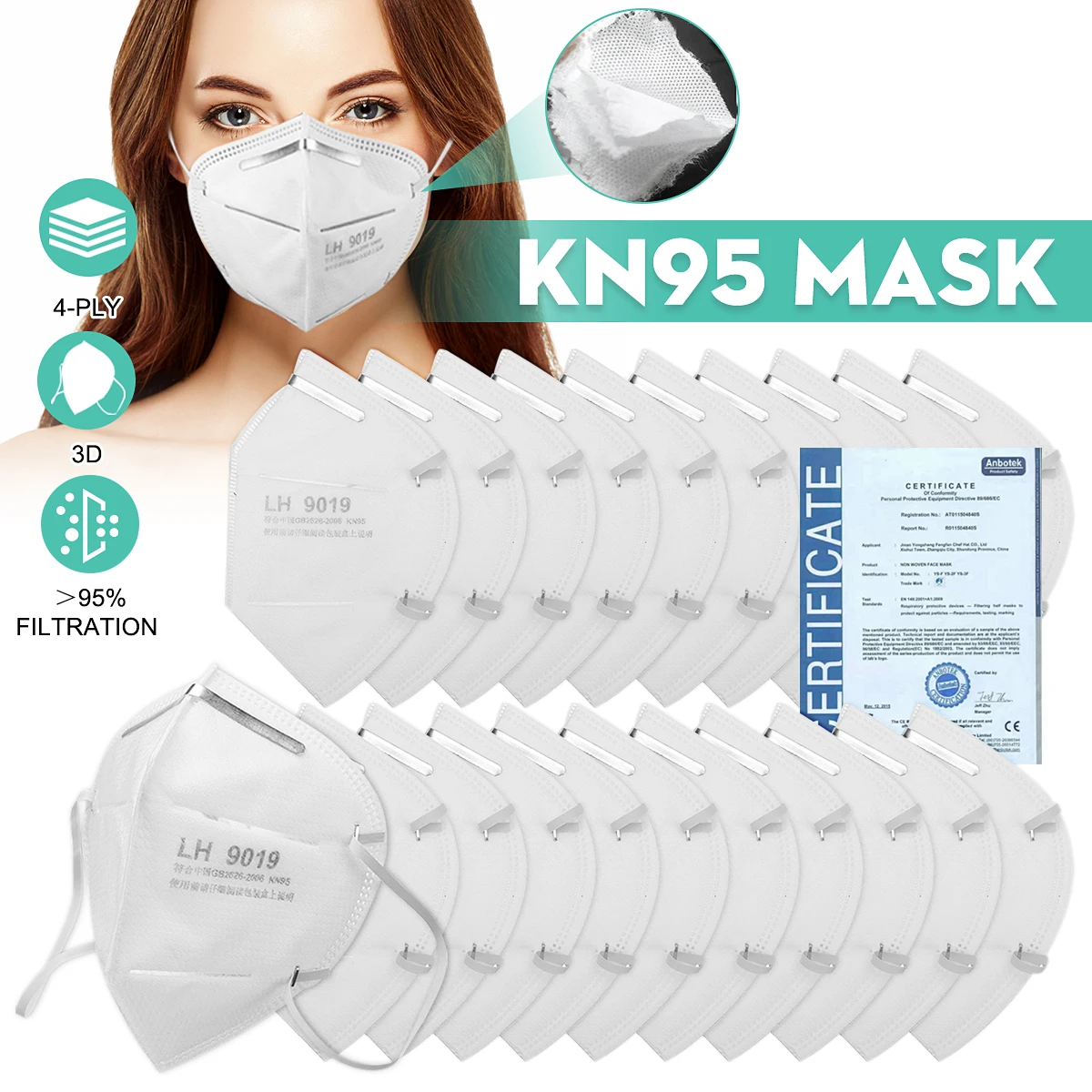 

100PCS KN95 N95 FFP2 Mask PM2.5 Mouth Face Mask 95% Filtraion Cotton Mouth Masks Anti-Dust 4-layer Filtration Against Droplet