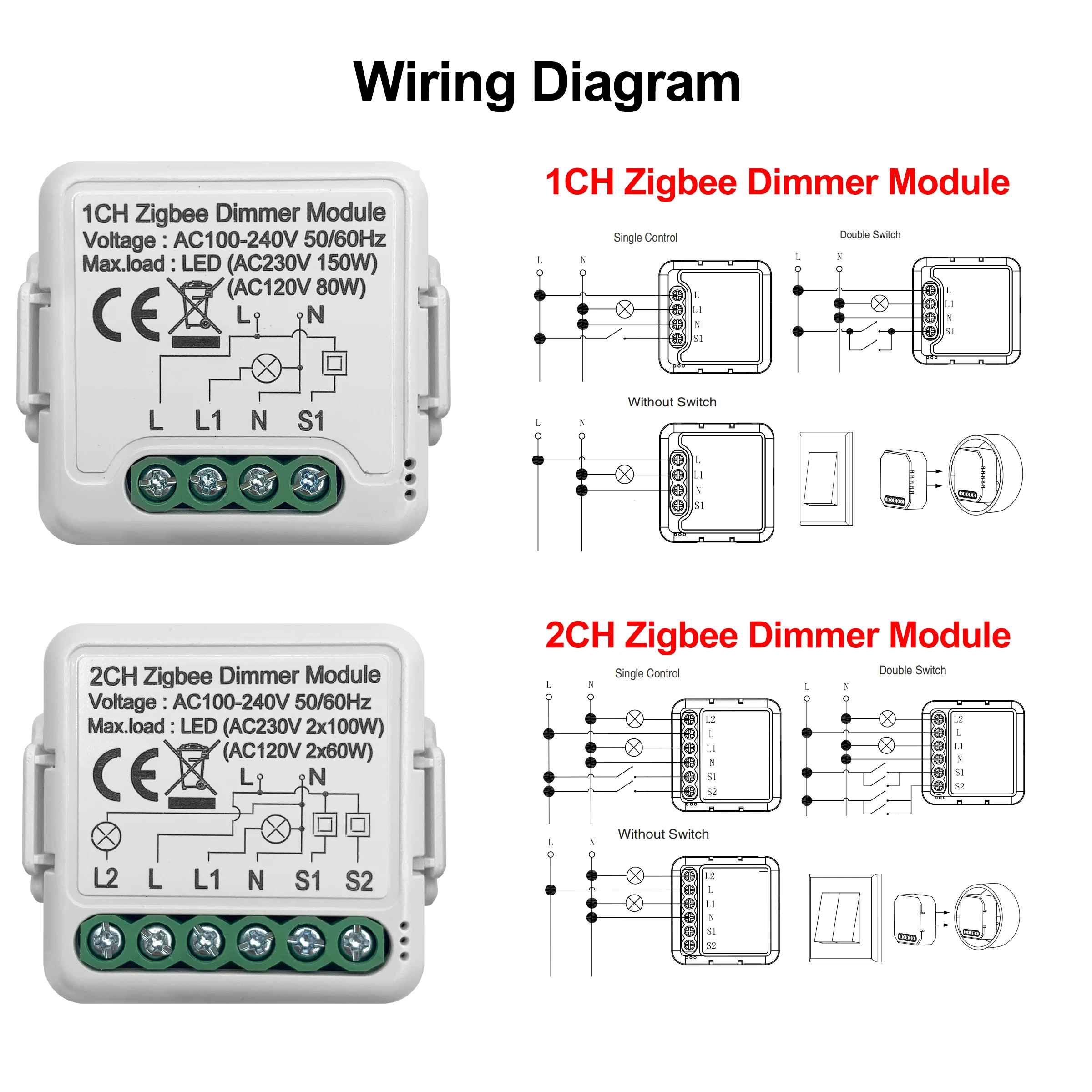 GIRIER Tuya ZigBee 3.0 Smart Dimmer Switch Module, Supports 2 Way Control Dimmable Light Switch, Work with Alexa Google Home