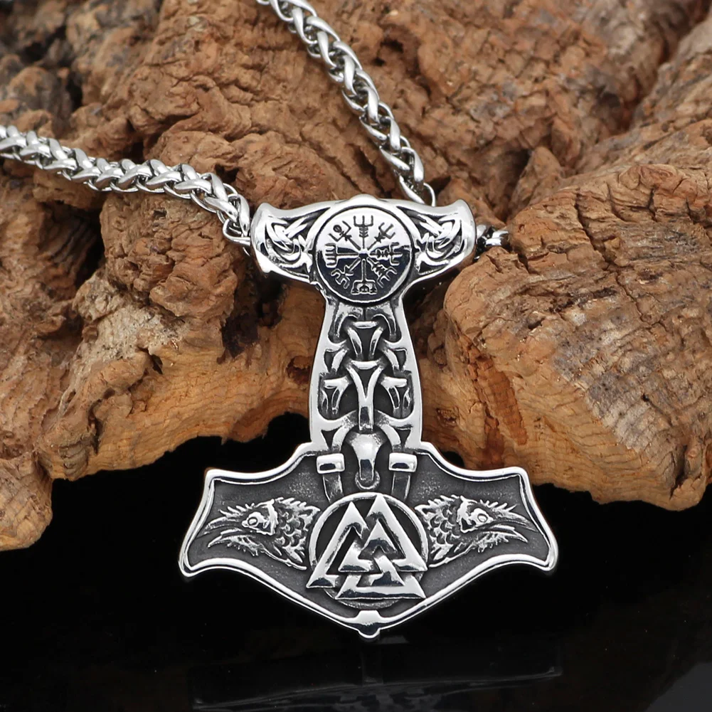 

Nordic viking stainless steel thor hammer Mjolnir odin raven valknut vegvisir pendant necklace with valknut gift bag