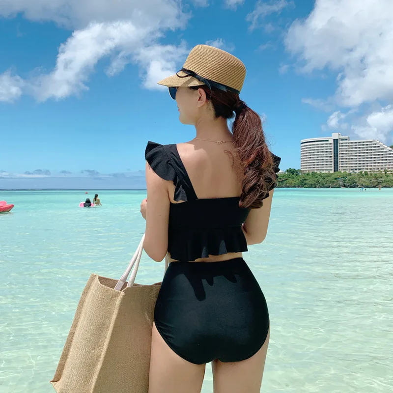 

New Style Bathing Suit Women's Split Type High-waisted Slimming Tube Top Fly Sleeve Belly Covering Slim Fit Triangle Bikini Swim